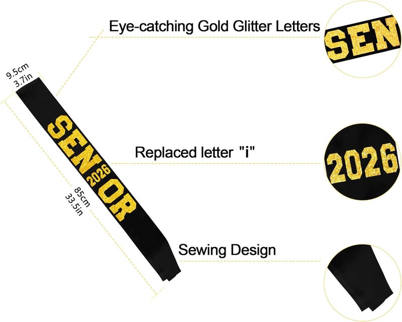 Partyprops 6Pcs Black Senior 2026 Satin Sashes with Gold Glitter Letters Senior 2026 Decorations - 2026 Graduation Celebrations Sashes - Senior Cheer Sash - Cheerleader Sash - Class Competition Sashes - Image 3